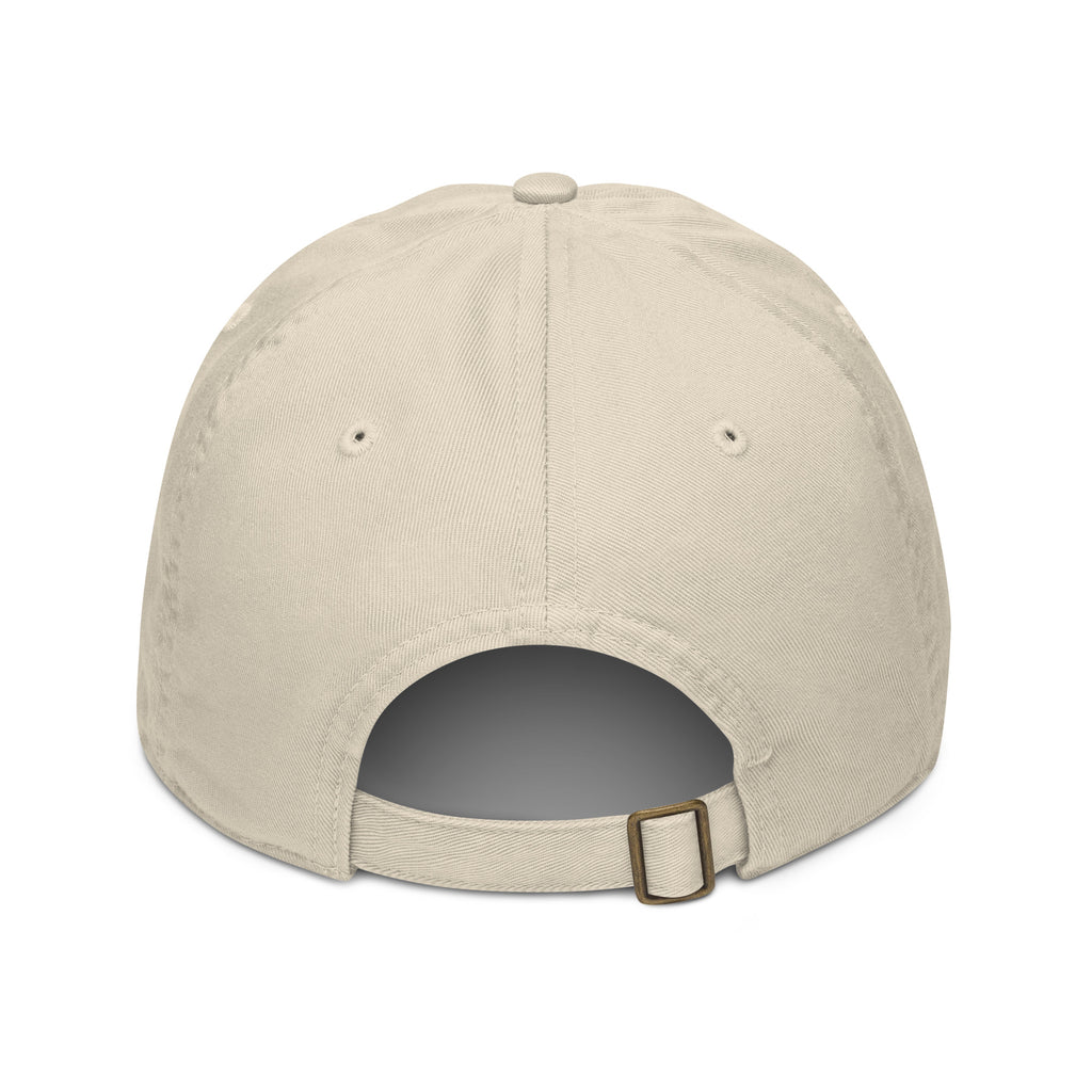 A view of the back of the baseball cap showing the adjustable closure, one size fits all 