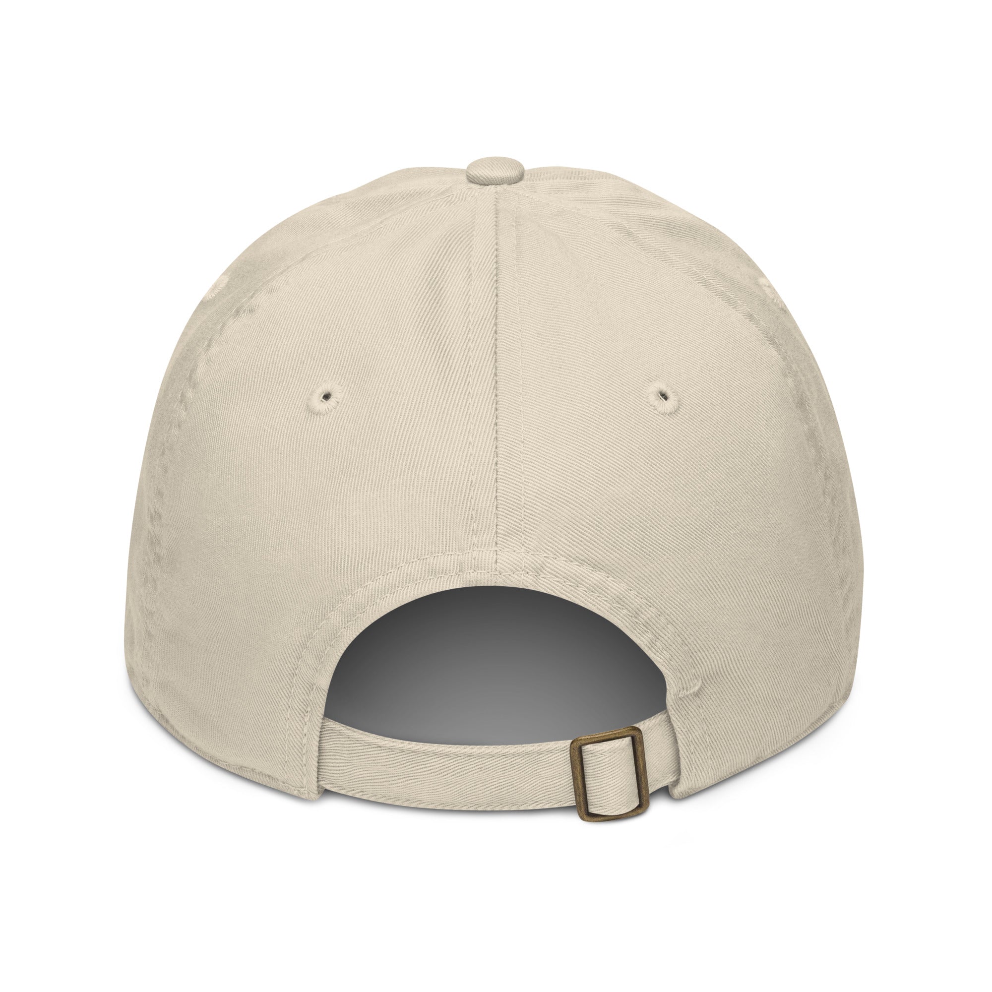 A view of the back of the baseball cap showing the adjustable closure, one size fits all 